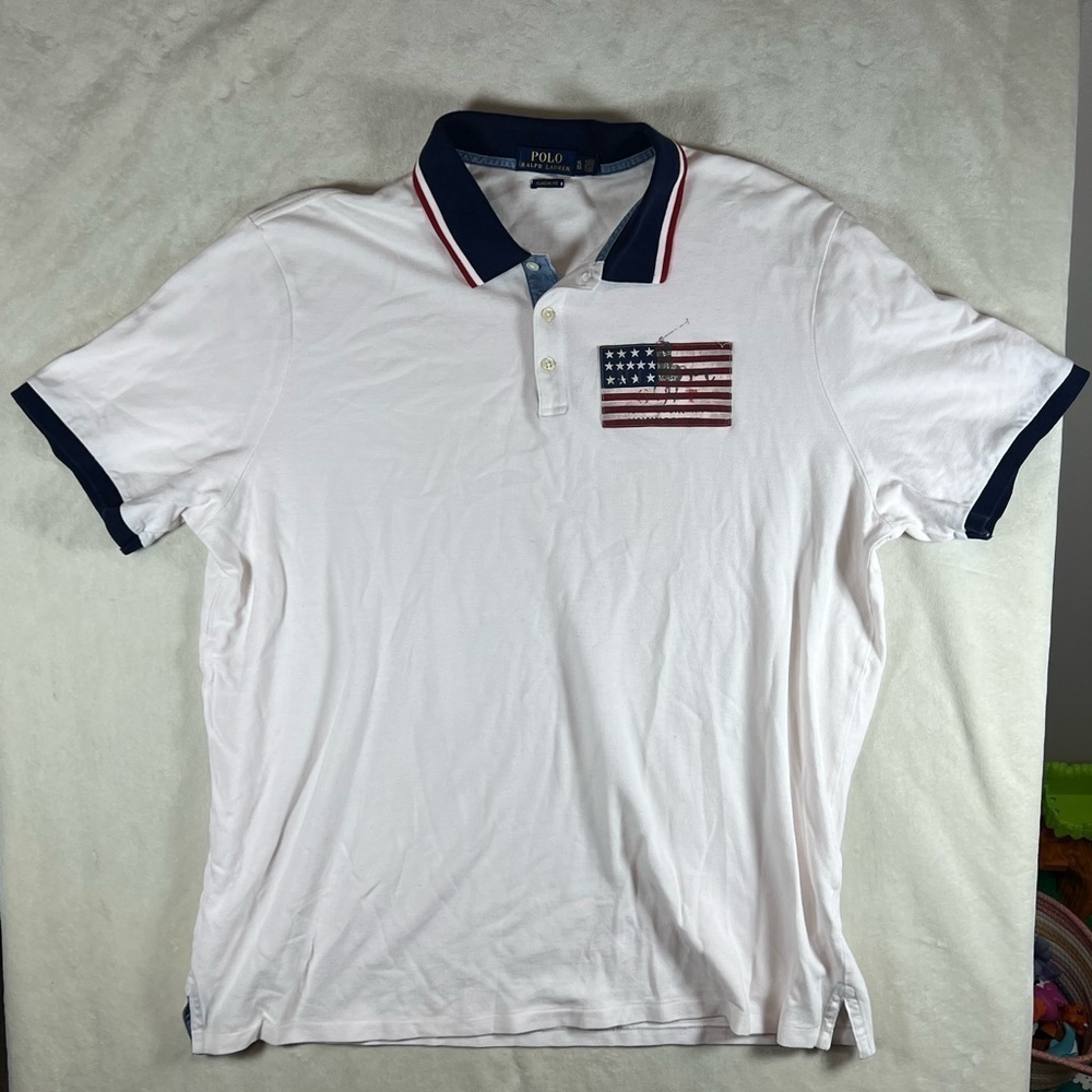 Polo Ralph Lauren XL White and Blue Polo Shirt American Flag UsA 4th of July